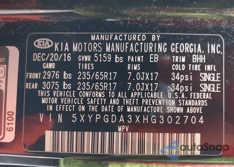 2017 Kia Sorento 2.4L Lx z USA, uszkodzony, nr VIN 5XYPGDA3XHG302704